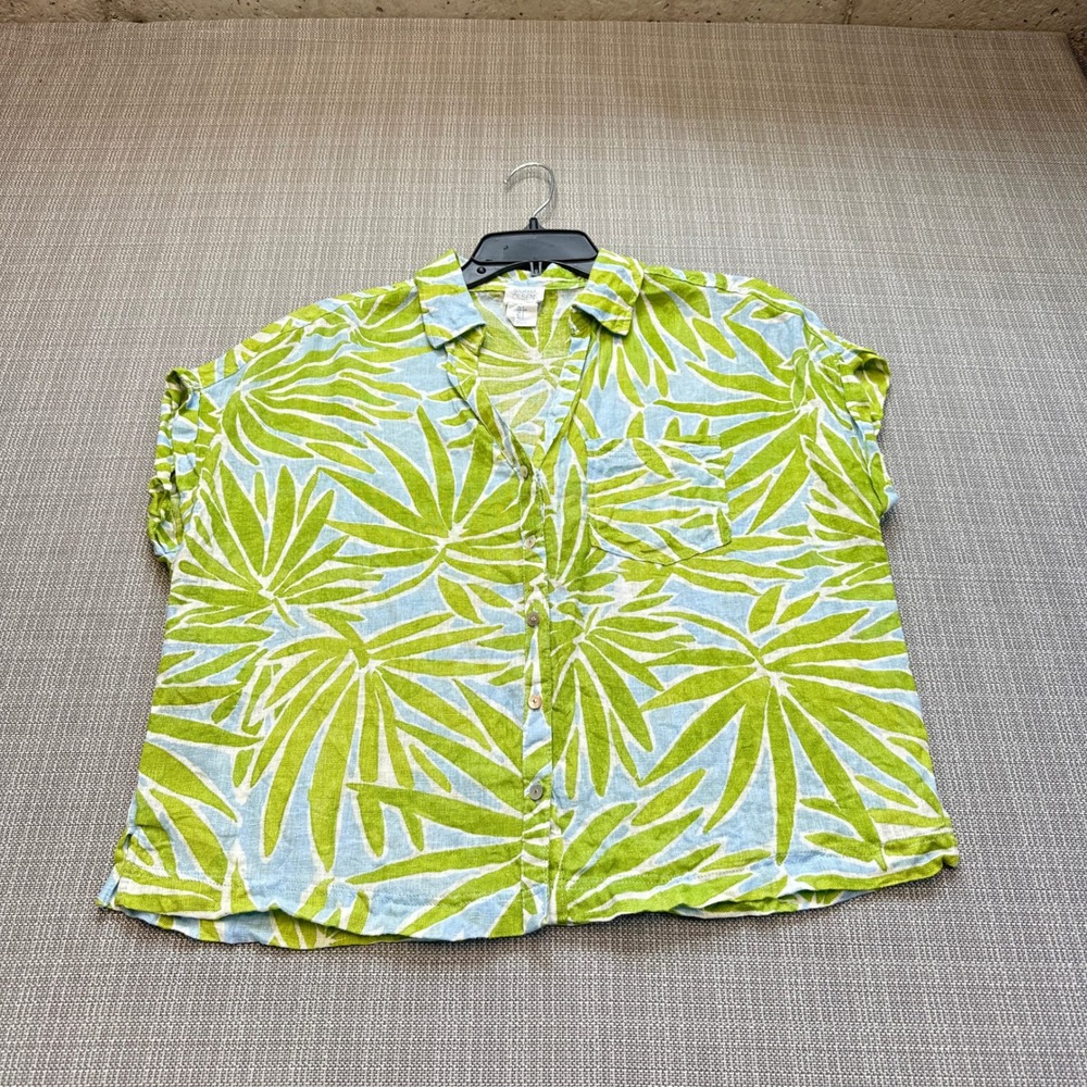 100%‎ Linen Tropical Palm Leaf Shirt Womens Small Button Front Coastal Resort